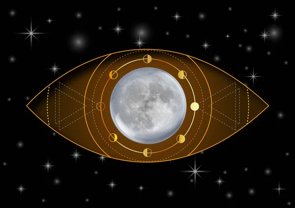 Tredje Ögon Måne Faser Esoterisk Andlig Symbol Guld — Stock vektor