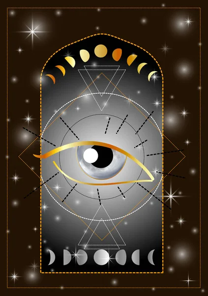 All Seeing Eye Providence Masonic Symbol Golden Moon Phases — ストックベクタ