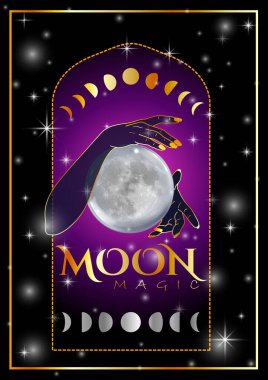 Witchcraft ritual with full moon and waxing waning moon phases clipart