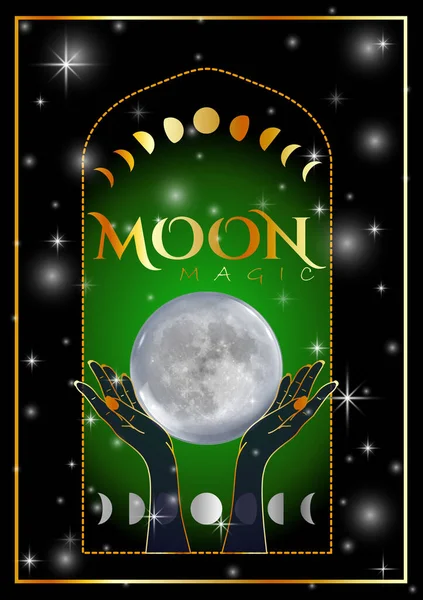 stock vector Witchcraft magic ritual with full moon and waxing waning moon phases