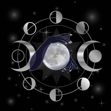 Dolunay ve üçlü tanrıça sembolü bir kadının ellerinde.