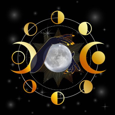 Bir kadının ellerinde üçlü tanrıça sembolü olan dolunay.