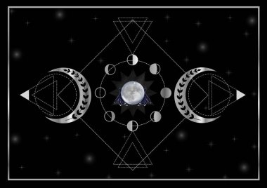 Triple Goddess silver moon phases with witch hands