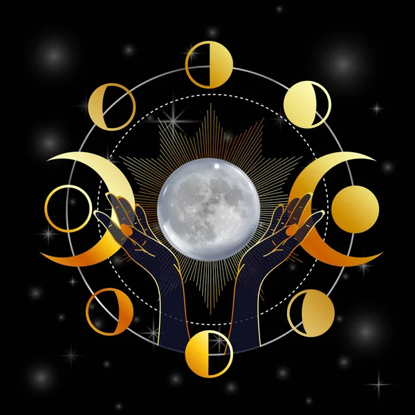 Hands Goddess Lifting Full Moon — Vetor de Stock