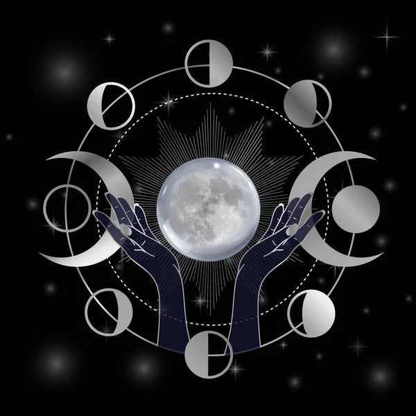 Hands Goddess Lifting Full Moon — Vetor de Stock