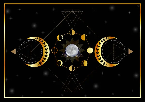 Triple Goddess Golden Moon Phases Witch Hands — Stok Vektör