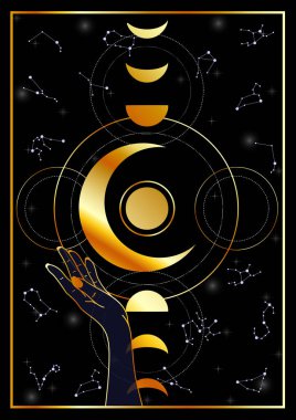 Pagan dark forces invocation with moon phases and constellations