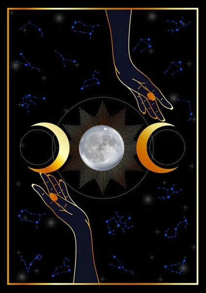 Hands Blessing Magic Ritual Pagan Dark Forces Invocation Moon Constellations — Stock Vector