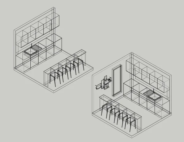 Low Poly Isometrische Ansicht Der Küchenzeile Atelierhaus Wireframe — Stockfoto