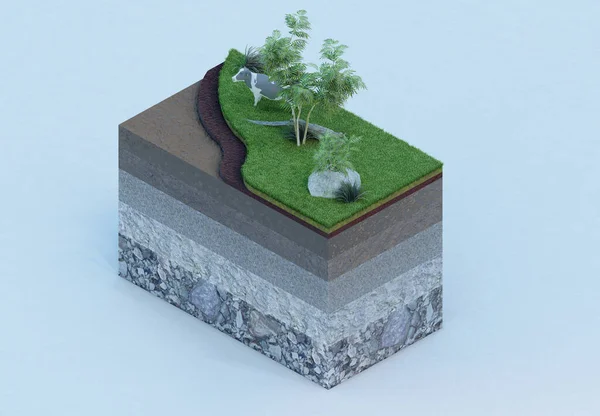 Piece Land Realistic Soil Layers Vegetation Cattle — Stock Photo, Image