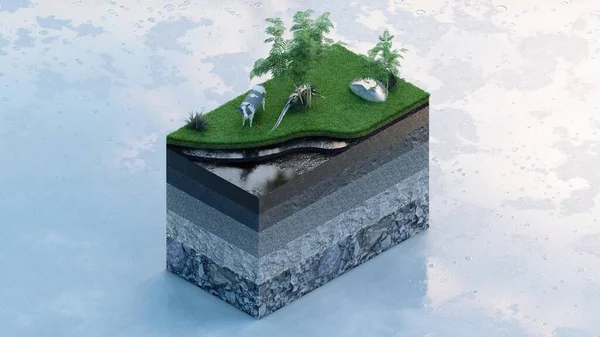 Piece of isometric land showing soil layers rain vegetation and cattle