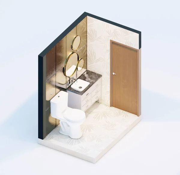 Lavish isometric powder room interior with gold accents