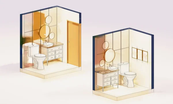 Lavish powder room interior with gold accents watercolor isometric sketch