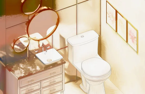 Lavish powder room interior with gold accents watercolor sketch perspective