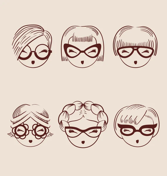 Filles de mode dans des lunettes icône ensemble illustration vectorielle dessinée à la main — Image vectorielle
