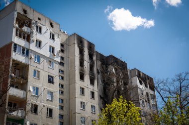 Irpin 'in yok edilmesi. Mayıs 2022. Irpin, Kiev bölgesi, Ukrayna. Rusya Ukrayna savaşı. Irpin 'de kavgadan sonra hasar gördü