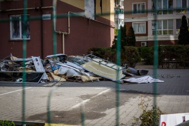 Irpin 'in yok edilmesi. Mayıs 2022. Irpin, Kiev bölgesi, Ukrayna. Rusya Ukrayna savaşı. Irpin 'de kavgadan sonra hasar gördü