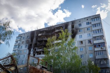 Irpin 'in yok edilmesi. Mayıs 2022. Irpin, Kiev bölgesi, Ukrayna. Rusya Ukrayna savaşı. Irpin 'de kavgadan sonra hasar gördü