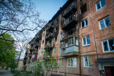 Irpin 'in yok edilmesi. Mayıs 2022. Irpin, Kiev bölgesi, Ukrayna. Rusya Ukrayna savaşı. Irpin 'de kavgadan sonra hasar gördü