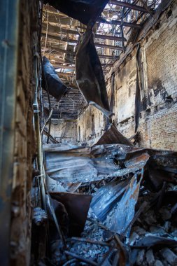 Irpin 'in yok edilmesi. Mayıs 2022. Irpin, Kiev bölgesi, Ukrayna. Rusya Ukrayna savaşı. Irpin 'de kavgadan sonra hasar gördü