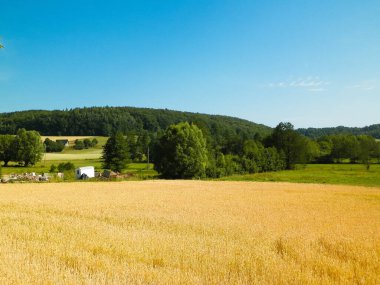 Polonya 'nın Kashubian bölgesinde, Wiezyca' nın arazi ve tepeleri. Tarım ve keşif kavramı.
