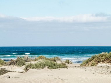 Caleta de Famara 'daki Plaj ve Atlantik Okyanusu, Lanzarote Kanarya Adaları. Caleta de Famara 'daki plaj sörfçüler arasında çok popülerdir. Boşluğu kopyala.