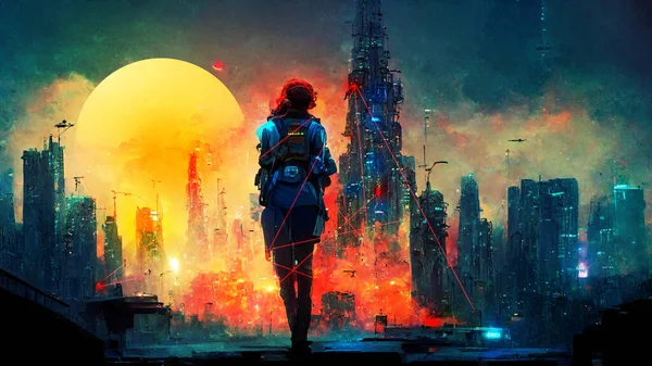 Cyberpunk Cityscape Girl Digital Art