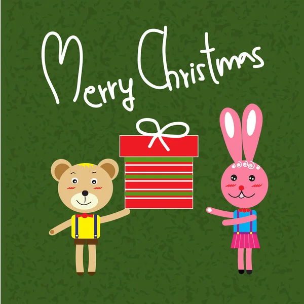 Stylish Christmas card in vector.Mister Bear give a gift for Miss Rabbit in cartoon style. — Stock Vector