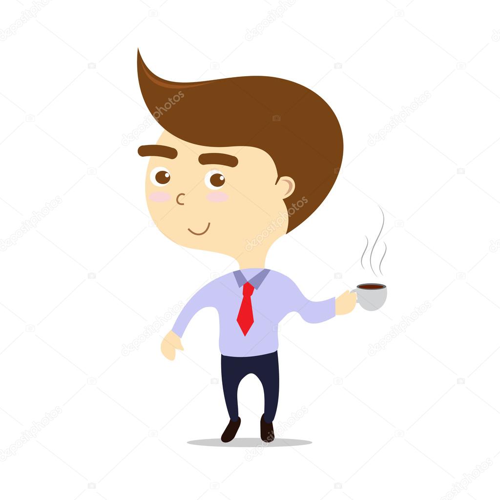 Business lunch, isolated smiling businessman with hot coffee cup