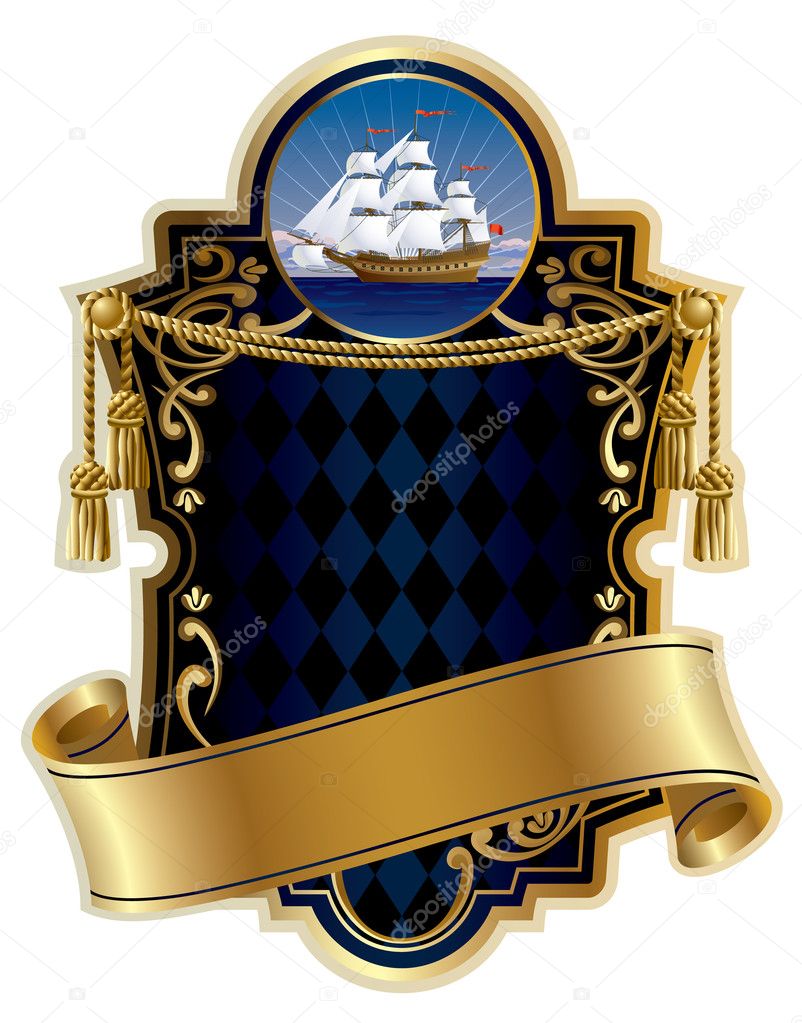 Gold-framed label with a ship
