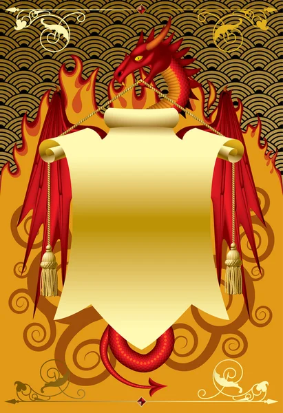 Dragón rojo con una bandera de oro — Vector de stock
