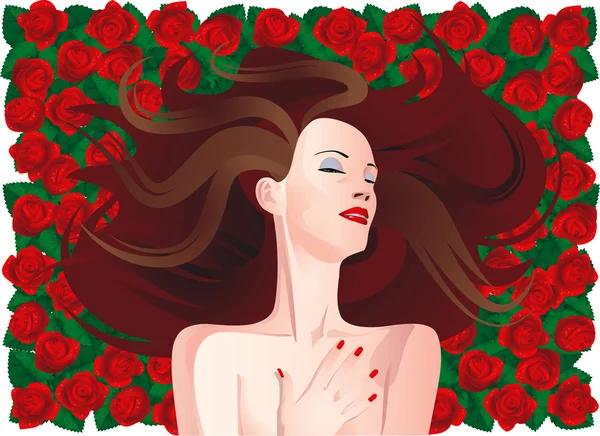 Mulher em um fundo de rosas vermelhas —  Vetores de Stock