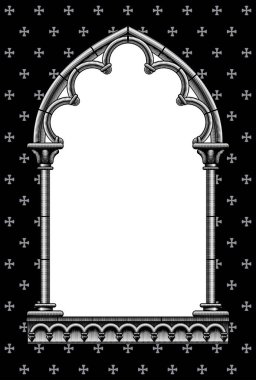 Klasik bir gotik mimari dekoratif çerçevenin oymalı vintage çizimi