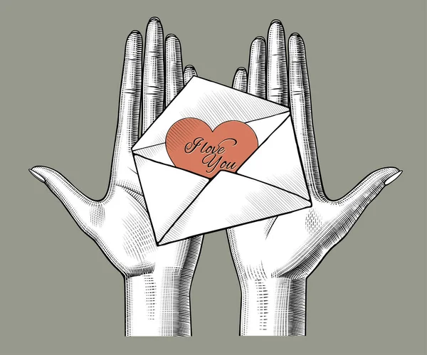 Mãos Segurando Envelope Aberto Nas Palmas Das Mãos Com Coração —  Vetores de Stock