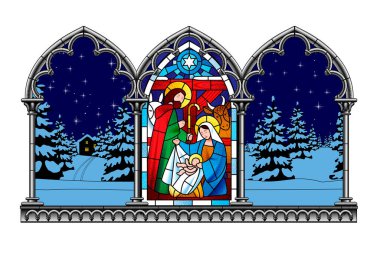 Kışın arka planda oyulmuş gotik bir çerçevede Noel sahnesini tasvir eden lekeli cam pencere.