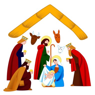 İsa 'nın Doğuşu ve Büyücüye Tapma' nın beyaz arka planda izole edilmiş karakterleri