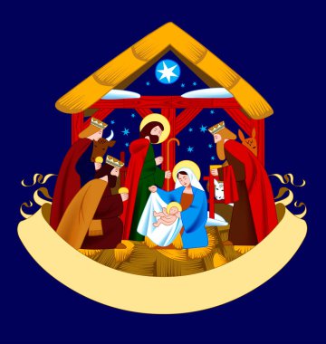 İçinde İsa 'nın Doğuşu ve Magi' nin Tapınması ve retro kurdele pankartı olan bir Noel kartı.