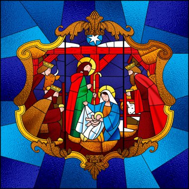 Mavi arka planda dekoratif barok çerçeveli Noel sahnesini tasvir eden lekeli cam pencere. Vektör illüstrasyonu