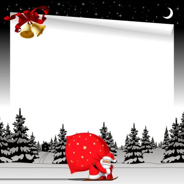 Noel ve Yeni Yıl web sayfası ve Noel Baba 'yla birlikte kayak yaparak kar ve altın çanların içindeki siyah ve beyaz ladin ormanına karşı gelen bir mektup şablonu.