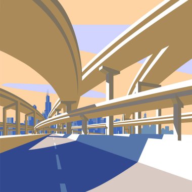 Otoyol üst geçidi ve şehrin ufuk çizgisi güneş ışığında