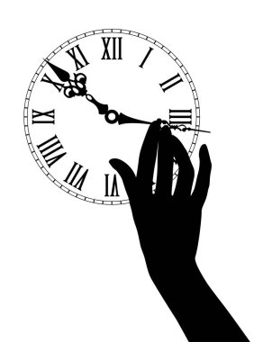 Siyah kadın eli silueti, bir saat boyunca antika bir saatin kadranını hareket ettirir.