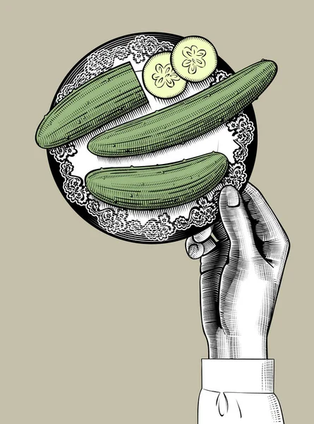 Main Féminine Tenant Une Assiette Avec Des Concombres Verts — Image vectorielle