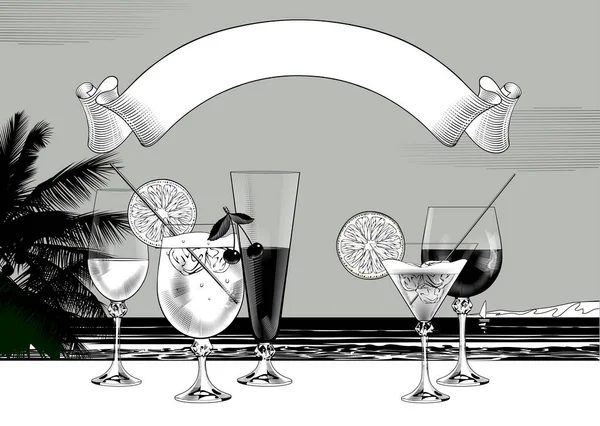 Set Bicchieri Vino Diverse Dimensioni Forme Con Vini Cocktail Sullo — Vettoriale Stock