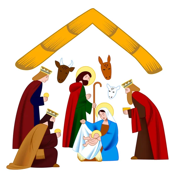 Personajes Escena Natividad Cristo Adoración Los Reyes Magos Aislados Sobre — Vector de stock