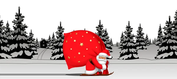 Santa Claus Por Esquí Llevando Gran Saco Rojo Contra Bosque — Archivo Imágenes Vectoriales