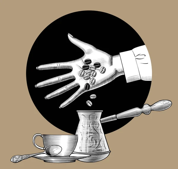 Рука Наливает Кофейные Зерна Цез Рядом Чашкой Ложкой — стоковый вектор
