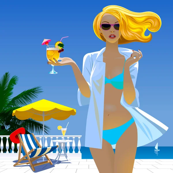 穿着泳衣的金发姑娘 手里拿着鸡尾酒 面对着海景 白色的阳台上挂着栏杆 黄色的雨伞 沙滩椅子 — 图库矢量图片