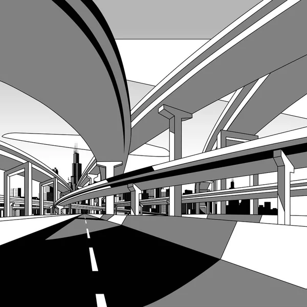 Linear Black White Drawing Highway Overpass City Skyline — Stock Vector
