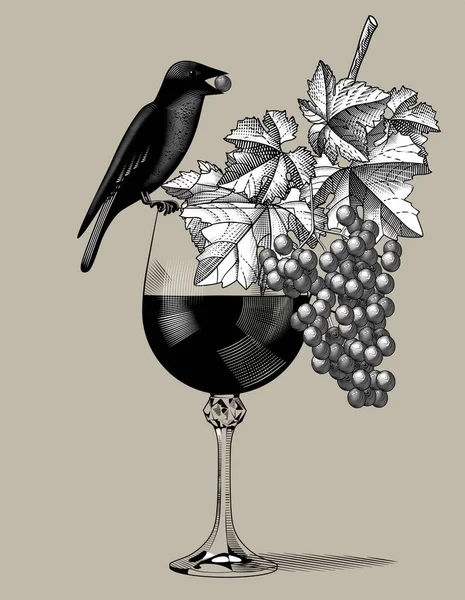 Verre Avec Vin Foncé Grappe Raisins Avec Feuilles Oiseau Noir — Image vectorielle