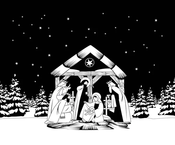 Scène Noël Nativité Christ Adoration Des Mages Dans Paysage Hivernal — Image vectorielle